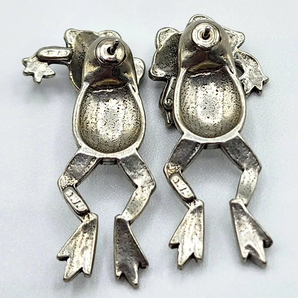 Vintage J.J. Jonette Jewelry Pewter 3D Frog Toad Two Piece Pierced Earrings